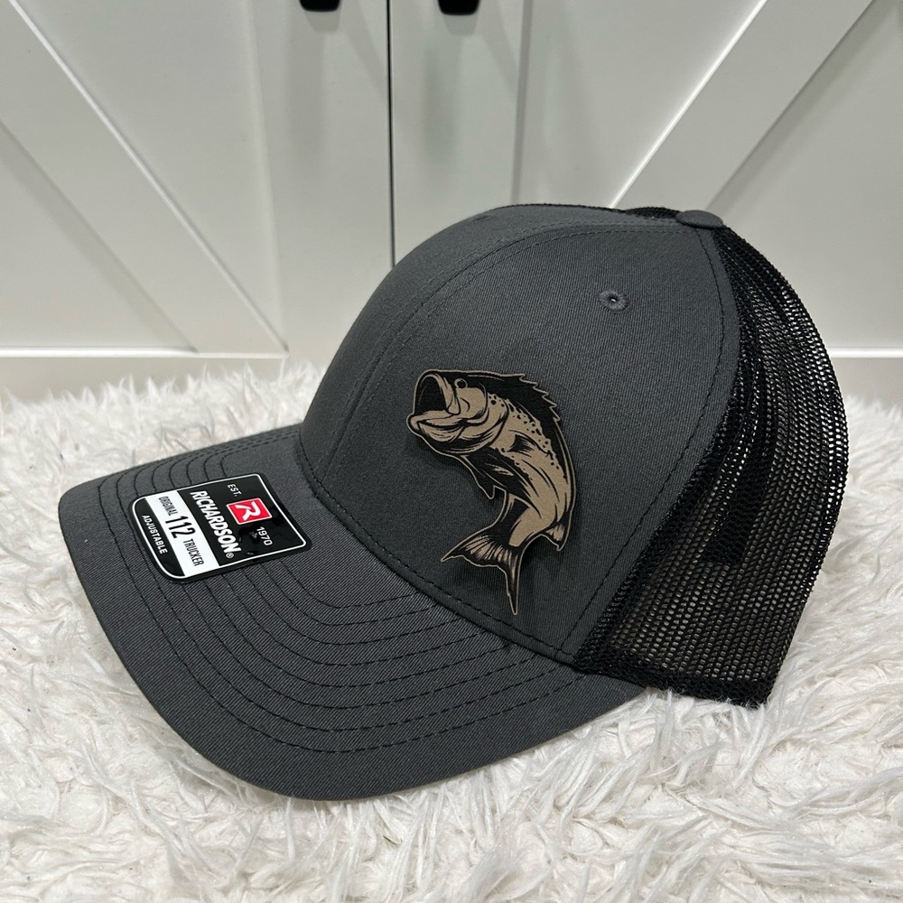 Laser engraved, Bass, Richardson 112 trucker hat.